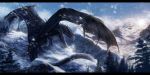  2:1 ambiguous_gender black_bars black_body black_scales claws day detailed_background dragon feral hi_res horn isvoc letterbox membrane_(anatomy) membranous_wings outside scales scalie sky snow snowing solo spines western_dragon wings 