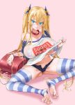  1girl asanagi backpack bag bangs blonde_hair blue_eyes blue_ribbon blush bra_through_clothes breasts clothes_writing collar fang fang_out hair_between_eyes hair_ribbon highres large_breasts long_hair looking_at_viewer original raglan_sleeves randoseru ribbon romaji_text shirt shirt_lift sitting smile solo spread_legs stirrup_legwear striped striped_legwear sugoi_dekai thighhighs thighs toeless_legwear twintails very_long_hair 