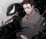  2boys bodysuit claws dual_persona eddie_brock facial_hair iyo_(nanaka-0521) looking_at_viewer male_focus marvel multiple_boys muscle open_mouth sharp_teeth short_hair simple_background smile symbiote teeth tongue tongue_out venom_(marvel) 