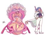  2girls blue_hair breasts cleavage cosplay dress entrapta eyepatch harime_nui harime_nui_(cosplay) highres kill_la_kill long_hair mermista mondaykilly multiple_girls open_clothes open_mouth pink_dress purple_hair robot sanageyama_uzu sanageyama_uzu_(cosplay) she-ra_and_the_princesses_of_power shoulder_spikes simple_background sitting smile spikes standing twintails very_long_hair weapon weapon_on_back white_background yawning 