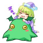  blush_stickers chibi commentary_request cthulhu cthulhu_mythos drooling eyebrows_visible_through_hair green_hair highres long_hair monster open_mouth original osanai_(shashaki) pajamas pom_pom_(clothes) saliva sharp_teeth shashaki sleeping sleeping_on_person smile teeth tentacles wings zzz 