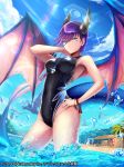  1girl absurdres asymmetry bangs blue_eyes breasts character_request competition_swimsuit covered_navel dragon_girl dragon_horns dragon_tail dragon_wings highres horns looking_at_viewer medium_breasts ocean one-piece_swimsuit purple_hair sawarido short_hair solo summer swimsuit tail whistle whistle_around_neck wings yamato_chronicle_kakusei 