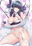  1girl aqua_eyes azur_lane black_hair blush breasts cheshire_(azur_lane) cleavage cyicheng detached_sleeves dress dress_lift eyebrows_visible_through_hair frills garter_belt garter_straps hairband heart large_breasts lifted_by_self looking_at_viewer maid_headdress multicolored_hair navel panties puffy_sleeves ribbon sitting smile solo spoken_heart streaked_hair thighhighs thighs underwear white_legwear white_panties wrist_cuffs 