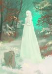 1girl absurdres arms_up closed_eyes commentary_request dress forest highres long_hair nature original outdoors solo standing tree turquoise_iro white_dress white_hair 