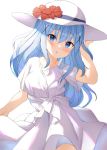  1girl :o arm_up bangs blue_eyes blue_hair blush breasts collarbone commentary_request cowboy_shot dress eyebrows_visible_through_hair flower gochuumon_wa_usagi_desu_ka? hair_between_eyes hair_ornament hand_on_headwear hat hat_flower highres kafuu_chino long_hair looking_at_viewer medium_breasts open_mouth parted_lips raru0310 red_flower short_sleeves simple_background smile solo sun_hat white_background white_dress white_headwear x_hair_ornament 