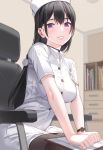  1girl :d bangs black_choker black_hair black_legwear blurry blurry_background blush breasts chair choker collared_shirt commentary_request eyebrows hair_ornament hair_scrunchie hat highres id_card indoors kfr large_breasts long_hair looking_at_viewer notepad nurse nurse_cap office open_mouth original pantyhose purple_eyes scrunchie shirt short_sleeves sitting smile solo teeth very_long_hair watch white_scrunchie wristwatch 