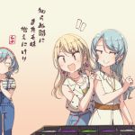  3girls :d aqua_hair ayasaka bang_dream! bangs belt blonde_hair clenched_hand collared_dress commentary_request detached_sleeves dress earrings emphasis_lines gradient gradient_background hairband hand_on_another&#039;s_shoulder hikawa_hina hikawa_sayo jewelry long_hair looking_to_the_side multiple_girls nervous_smile open_mouth overalls pendant polka_dot polka_dot_shirt shirt short_sleeves side_braids slit_pupils smile striped striped_shirt tan_background tied_shirt translation_request tsurumaki_kokoro v-shaped_eyebrows white_dress 