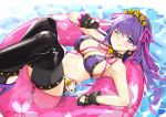  1girl absurdres bare_shoulders bb_(fate)_(all) bb_(swimsuit_mooncancer)_(fate) bee_doushi belt belt_buckle bikini blush breasts buckle choker cleavage commentary_request eyebrows_visible_through_hair fate/grand_order fate_(series) fingerless_gloves floating gloves hair_between_eyes hairband heart heart-shaped_pupils highres large_breasts long_hair looking_at_viewer midriff one_eye_closed purple_eyes purple_hair sleeveless solo swimsuit symbol-shaped_pupils thighhighs tongue tongue_out water 