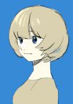 1girl absurdres bangs blonde_hair blue_background blue_eyes brown_shirt closed_mouth commentary_request hair_between_eyes highres original shirt short_hair simple_background solo turquoise_iro upper_body 