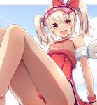  1girl blue_sky fate/grand_order fate/kaleid_liner_prisma_illya fate_(series) heart illyasviel_von_einzbern looking_at_viewer nipples one-piece_swimsuit red_eyes ribbon rougetsu_(eclipse) see-through sitting sky smile swimsuit third-party_edit twintails visor_cap white_hair 
