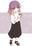  1girl bangs bendy_straw black_footwear black_skirt blush braid brown_hair cup disposable_cup drink drinking drinking_straw eyebrows_visible_through_hair floral_background full_body gradient_hair grey_background hair_ornament hair_ribbon hairclip heart highres holding holding_cup kantai_collection long_hair long_skirt looking_at_viewer multicolored_hair pleated_skirt purple_eyes purple_hair red_ribbon ribbon ridy_(ri_sui) sandals shirt short_sleeves sidelocks skirt socks solo standing tsushima_(kantai_collection) two-tone_background white_background white_legwear white_shirt wide_sleeves 