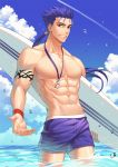  1boy abs arm_tattoo blue_hair blue_shorts cloud cowboy_shot cu_chulainn_(fate)_(all) earrings ed_(chyeon23) fate/stay_night fate_(series) grin hair_strand holding jewelry lancer long_hair looking_at_viewer male_focus male_swimwear necklace outdoors ponytail red_eyes shorts sky smile solo standing summer surfboard swim_trunks swimwear tattoo water whistle 