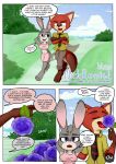  3_toes 4_fingers anthro barefoot bottomwear canid canine claws clothed clothing cloud comic dialogue disney duo english_text feet female fingers flower fox fully_clothed furgonomics grass hi_res judy_hopps lagomorph leporid male male/female mammal midriff necktie nick_wilde open_mouth open_smile outside pants park pawpads paws plant rabbit red_fox shirt shorts sidewalk sky smile sniffing tail_clothing text toe_claws toes tongue topwear walking xptzstudios zootopia 