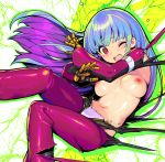  1girl bangs blue_hair blunt_bangs blush breasts chaps gloves kula_diamond long_hair long_sleeves medium_breasts navel nipples no_bra one_eye_closed open_mouth red_eyes shunin snk solo sweat the_king_of_fighters torn_clothes two-tone_gloves 