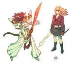  2girls adora_(she-ra) animal_ears blonde_hair brown_hair cat_ears cat_girl cat_tail catra cosplay covered_navel freckles highres kill_la_kill kiryuuin_satsuki kiryuuin_satsuki_(cosplay) masters_of_the_universe matoi_ryuuko matoi_ryuuko_(cosplay) midriff mondaykilly multiple_girls navel open_mouth scabbard scissor_blade senketsu she-ra_and_the_princesses_of_power sheath suspenders sword tail weapon 