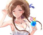  1girl arm_up armpits backlighting bangs bare_arms bare_shoulders blue_ribbon blush braid breasts brown_eyes brown_hair cherry cleavage collarbone commentary_request cup dolphin_pendant drink drinking_glass drinking_straw eyebrows_visible_through_hair fingernails flower food fruit gen_(enji) hair_ornament hairclip hand_on_headwear hand_up hat hat_flower hat_ribbon heart heart_pendant highres holding holding_cup idolmaster idolmaster_cinderella_girls jewelry long_hair looking_at_viewer medium_breasts necklace nitta_minami orange orange_slice parted_bangs parted_lips pendant pink_flower ribbon shiny shiny_hair shirt simple_background sleeveless sleeveless_shirt smile solo straw_hat striped striped_ribbon sun_hat tropical_drink twin_braids twitter_username upper_body white_background white_shirt yellow_flower 