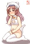 1girl alternate_costume animal_ears artist_logo bell bell_choker blush bra brown_eyes brown_hair cat_cutout cat_ears cat_lingerie cat_tail choker cleavage_cutout commentary_request dated flower frilled_bra frills hair_flower hair_ornament hand_on_own_face hand_on_own_stomach hat highres implied_pregnancy jingle_bell kanon_(kurogane_knights) kantai_collection long_hair meme_attire no_panties nose_blush sailor_hat simple_background solo tail thighhighs underwear underwear_only wavy_hair white_background white_bra white_legwear yashiro_(kantai_collection) 