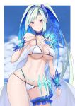 1girl alternate_hairstyle ass_visible_through_thighs bikini bikini_bottom bikini_top blue_hair breasts brynhildr_(fate) cleavage cloud collarbone contrapposto eyebrows_visible_through_hair fate/grand_order fate/prototype fate/prototype:_fragments_of_blue_and_silver fate_(series) large_breasts long_hair multicolored_hair navel purple_eyes scrunchie see-through side_ponytail smile solo swimsuit thigh_strap white_bikini yuzuruka_(bougainvillea) 