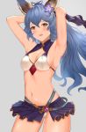  1girl animal_ears aqua_(popogori) armpits arms_up bangs bare_arms bare_shoulders bikini black_ribbon blue_hair blush breasts brown_eyes cleavage cleavage_cutout commentary_request cowboy_shot erune ferry_(granblue_fantasy) flower granblue_fantasy grey_background hair_flower hair_ornament hair_ribbon long_hair looking_at_viewer medium_breasts miniskirt navel open_mouth pleated_skirt ponytail purple_flower purple_skirt ribbon side_slit simple_background skirt solo stomach swimsuit very_long_hair white_bikini 