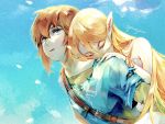  1boy 1girl bangs blonde_hair blue_eyes carrying couple dress earrings gloves jewelry link long_hair open_mouth pearjarrr piggyback pointy_ears princess_zelda sleeping smile the_legend_of_zelda the_legend_of_zelda:_breath_of_the_wild 