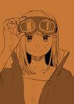  1girl absurdres adjusting_eyewear bangs blunt_bangs closed_mouth commentary_request expressionless goggles hand_up highres jacket looking_at_viewer monochrome orange_background orange_theme original simple_background solo turquoise_iro unzipped upper_body 