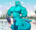  2020 abs anthro balls biceps big_balls big_biceps big_muscles big_pecs big_penis blue_body blush bodily_fluids dialogue emanata embarrassed erection flexing genital_fluids genitals humanoid_genitalia humanoid_penis looking_at_viewer male muscular muscular_anthro muscular_male naga navel outside pecs penis precum public purple_penis reptile scalie seaside serpentine snake solo sxfpantera tongue tongue_out towel umbrella wide_eyed 