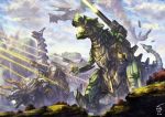  artist_name battle cannon cloud dated day dinosaur highres laser_beam mecha no_humans original outdoors pterodactyl santoni standing triceratops 