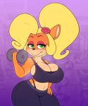  2020 absurd_res accessory activision anthro bandicoot big_breasts big_butt blonde_hair bodily_fluids breasts butt cleavage clothed clothing coco coco_bandicoot crash_bandicoot_(series) dumbbell exercise eyeshadow female flower flower_in_hair green_eyes gym hair hair_accessory hand_on_hip hi_res makeup mammal marsupial midriff pink_eyeshadow plant ponytail pose solo stunnerpony sweat thong_straps tight_clothing video_games weights wide_hips workout 