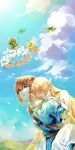  1boy 1girl bangs blonde_hair blue_eyes carrying couple dress earrings gloves highres jewelry link long_hair open_mouth pearjarrr piggyback pointy_ears princess_zelda sleeping smile the_legend_of_zelda the_legend_of_zelda:_breath_of_the_wild 