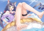  1girl animal_ear_fluff animal_ears barefoot bikini black_hair blue_sky bracelet cat_ears cat_tail cloud commentary_request day eyewear_on_head feet green_eyes jewelry karyl_(princess_connect!) leg_garter legs long_hair looking_at_viewer low_twintails miri_(ago550421) multicolored_hair open_mouth princess_connect! princess_connect!_re:dive sky solo streaked_hair sunglasses sunlight swimsuit tail teeth twintails upper_teeth water white_hair 