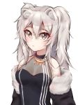  1girl :&lt; ahoge animal_ears bangs bare_shoulders black_jacket blueawoo blush breasts cleavage eyebrows_visible_through_hair fur-trimmed_jacket fur_trim grey_eyes grey_hair hair_between_eyes hololive jacket jewelry lion_ears lion_girl long_hair shishiro_botan simple_background small_breasts solo younger 