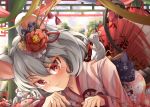  alternate_costume animal_ears animal_on_shoulder architecture blush bow east_asian_architecture floral_print flower grey_hair hair_flower hair_ornament highres japanese_clothes kimono looking_at_viewer lying mahimaru mouse mouse_ears mouse_girl mouse_on_shoulder mouse_tail nazrin red_bow red_eyes tail tail_bow touhou unmoving_pattern yukata 