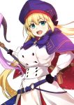  1girl alternate_breast_size artoria_pendragon_(all) artoria_pendragon_(caster) breasts commentary_request eyebrows_visible_through_hair fate/grand_order fate_(series) gloves green_eyes hair_between_eyes hat holding holding_staff large_breasts long_hair long_sleeves looking_at_viewer nanase_meruchi open_mouth sheath sheathed simple_background smile solo staff standing sword teeth tongue upper_body weapon white_background 