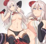  1girl alisa_ilinichina_amiella asymmetrical_gloves bangs black_gloves black_legwear black_panties blue_eyes blush breasts elbow_gloves fingerless_gloves gloves god_eater god_eater_2:_rage_burst large_breasts long_hair looking_at_viewer multiple_views navel open_clothes open_mouth open_shirt panties red_headwear shiseki_hirame silver_hair sleeveless thighhighs thighs underboob underwear 