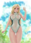 1girl artist_name ass_visible_through_thighs blonde_hair blue_sky breasts cloud commentary_request competition_swimsuit cowboy_shot grey_eyes highres hornet_(kantai_collection) jousanrou kantai_collection large_breasts long_hair looking_at_viewer one-piece_swimsuit sky solo standing swimsuit turtleneck waving white_swimsuit 