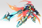  cape degarashi_(ponkotsu) floating from_below green_eyes highres holding holding_shield holding_sword holding_weapon mecha no_humans original shield solo sword v-fin weapon 