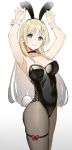  1girl :d animal_ears armpits arms_up bangs bare_shoulders black_choker black_legwear black_leotard blonde_hair blue_eyes blush bow breasts bunny_ears bunny_tail bunnysuit choker cleavage collarbone eyebrows_visible_through_hair fake_animal_ears fake_tail from_side highres leotard long_hair looking_at_viewer looking_to_the_side open_mouth original pantyhose red_bow ryu_(leon_esoragotonooto) smile solo strapless strapless_leotard tail thigh_strap 