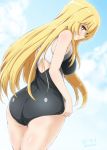  +_+ 1girl ass black_swimsuit blonde_hair blue_sky breasts brown_eyes cloud commentary_request competition_swimsuit cowboy_shot diesel-turbo from_behind highres large_breasts long_hair looking_at_viewer looking_back one-piece_swimsuit school_swimsuit shokuhou_misaki sky solo swimsuit to_aru_kagaku_no_railgun to_aru_majutsu_no_index 