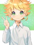  1girl 1ssakawaguchi ahoge bangs blush collared_shirt commentary_request dotted_background emma_(yakusoku_no_neverland) green_background green_eyes highres long_sleeves looking_at_viewer neck_tattoo number_tattoo orange_hair shirt short_hair smile solo spiked_hair tattoo two-tone_background upper_body v white_background white_shirt yakusoku_no_neverland 