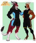  1ceberg absurd_res agrus_(1ceberg) anthro antlers brown_body bulge cervid clothing dragon duo exercise_clothing facial_hair hand_on_shoulder hands_on_hips hi_res horn humanoid male male/male mammal muscular muscular_male pecs red_body scalie standing tail_tuft tight_clothing tuft 