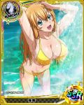  1girl armpits bikini blue_eyes breasts card_(medium) character_name chess_piece high_school_dxd ikkitousen knight_(chess) large_breasts long_hair looking_at_viewer navel official_art open_mouth orange_hair smile solo sonsaku_hakufu source_request swimsuit trading_card water wet yellow_bikini 