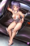  1girl alternate_costume artist_logo azur_lane backless_dress backless_outfit bare_arms breasts breasts_apart car collarbone cosplay dress eyebrows_visible_through_hair finalcake ground_vehicle hair_ornament high_heels highres jewelry jill_stingray looking_at_viewer motor_vehicle nail_polish necklace no_bra parted_lips purple_hair purple_nails red_eyes revealing_clothes shiny_footwear side_ponytail sidelocks silver_dress silver_footwear small_breasts solo st._louis_(azur_lane) st._louis_(azur_lane)_(cosplay) st._louis_(luxurious_wheels)_(azur_lane) thighs va-11_hall-a 