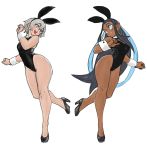  2girls absurdres animal_ears asimatosinosin bare_legs black_footwear black_hairband blue_eyes breasts bunny_ears bunnysuit cleavage dark_skin detached_collar earrings eyeliner eyeshadow full_body grey_eyes grey_hair hair_bun hairband high_heels highleg highleg_leotard highres hoop_earrings jewelry leotard makeup multicolored_hair multiple_girls open_mouth pokemon pokemon_(game) pokemon_swsh rurina_(pokemon) saitou_(pokemon) short_hair smile two-tone_hair wrist_cuffs 