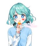  1girl aqua_hair black_bow blue_eyes blue_shirt bow braid candy commission food frilled_shirt frills hair_bow hand_up holding holding_candy holding_food holding_lollipop lipstick_mark lollipop long_sleeves looking_at_viewer mamel_27 original parted_lips puffy_long_sleeves puffy_sleeves shirt simple_background sleeves_past_wrists solo twin_braids upper_body watermark white_background 