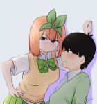  1boy 1girl bangs black_hair blue_eyes blush bow breasts brown_eyes closed_mouth collared_shirt colored_shadow commentary_request drop_shadow eyebrows_behind_hair go-toubun_no_hanayome green_bow green_ribbon green_skirt green_sweater grey_background hair_between_eyes hair_ribbon hand_on_hip highres kujou_karasuma medium_breasts nakano_yotsuba pleated_skirt ribbon shadow shirt short_sleeves signature skirt smile sweat sweater sweater_vest uesugi_fuutarou wall_slam white_shirt 