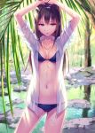 1girl arms_up ass_visible_through_thighs bikini bikini_under_clothes black_bikini breasts brown_hair cleavage green_eyes idolmaster idolmaster_cinderella_girls jewelry long_hair navel necklace nishimura_eri open_clothes open_shirt parted_lips piercing see-through shibuya_rin shirt sleeves_pushed_up solo sweat swimsuit swimsuit_under_clothes 