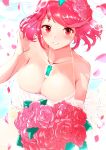  1girl absurdres bangs bare_arms bare_shoulders blush bouquet breasts chest_jewel cleavage collarbone dress flower gem hair_flower hair_ornament highres homura_(xenoblade_2) large_breasts looking_at_viewer petals red_eyes red_flower red_hair risumi_(taka-fallcherryblossom) short_hair simple_background smile solo spaghetti_strap strap_gap swept_bangs tiara upper_body wedding_dress white_background xenoblade_(series) xenoblade_2 