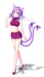  1girl animal_ears bare_arms bare_shoulders blush braid cat_ears cat_girl cat_tail chinese_clothes closed_mouth commission fish_hair_ornament full_body groin hair_ornament highres light_smile looking_at_viewer mamel_27 midriff multiple_tails navel original purple_eyes purple_hair purple_ribbon purple_shirt purple_skirt ribbon shadow shirt skirt sleeveless sleeveless_shirt solo standing tail tail_raised tail_ribbon two_tails watermark white_background 