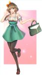  1girl :d alternate_hairstyle bag bangs belt black_legwear blue_eyes blush bow braid breasts brown_footwear collarbone crown_braid eyebrows_visible_through_hair full_body green_eyes green_handbag green_skirt hair_bow hand_in_hair handbag heterochromia highres idolmaster idolmaster_cinderella_girls looking_at_viewer mary_janes mole mole_under_eye nyome991 off-shoulder_shirt off_shoulder open_mouth orange_bow pantyhose plaid plaid_shirt polka_dot polka_dot_bow shirt shoes short_sleeves skirt small_breasts smile solo suspender_skirt suspenders takagaki_kaede twintails 