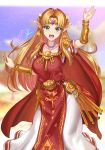  1girl absurdres bangs blonde_hair blush breasts dress elf highres jewelry large_breasts long_hair looking_at_viewer nez-box open_mouth pointy_ears princess_zelda smile solo super_smash_bros. the_legend_of_zelda the_legend_of_zelda:_a_link_between_worlds tiara triforce 